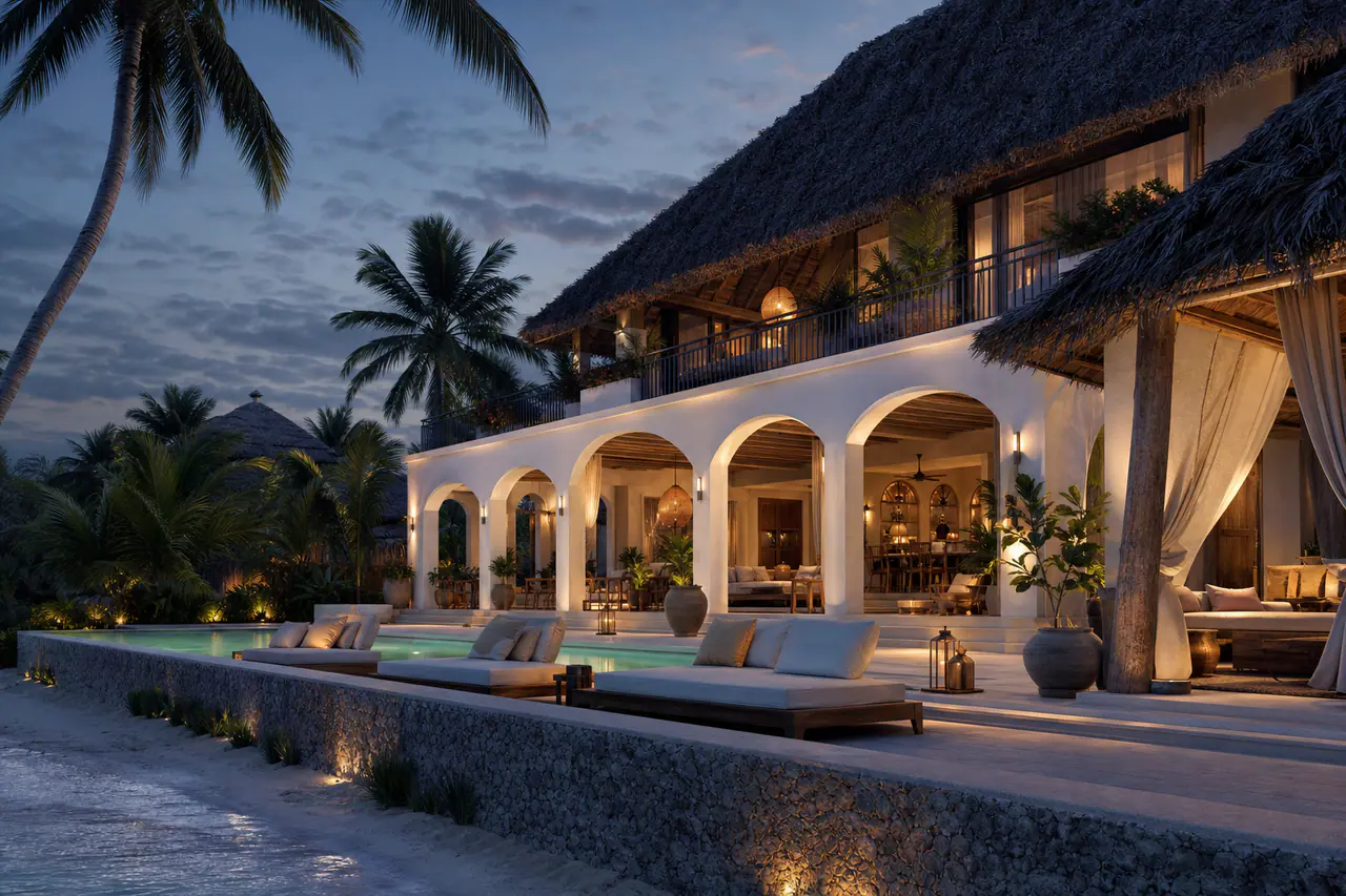 Luxury beachfront villa in Zanzibar at golden hour — premium real estate investment opportunity