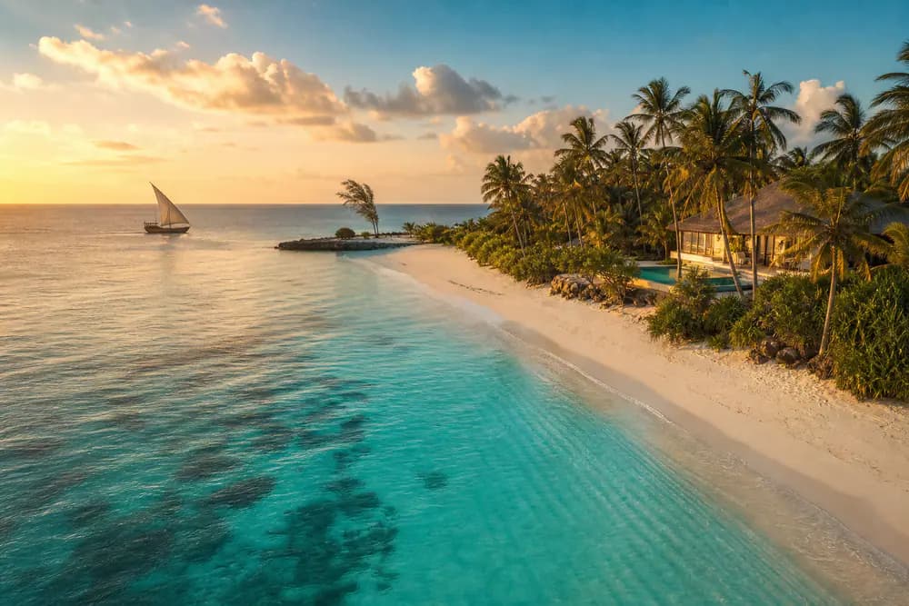 Aerial view of pristine Zanzibar beach with turquoise lagoon and traditional dhow