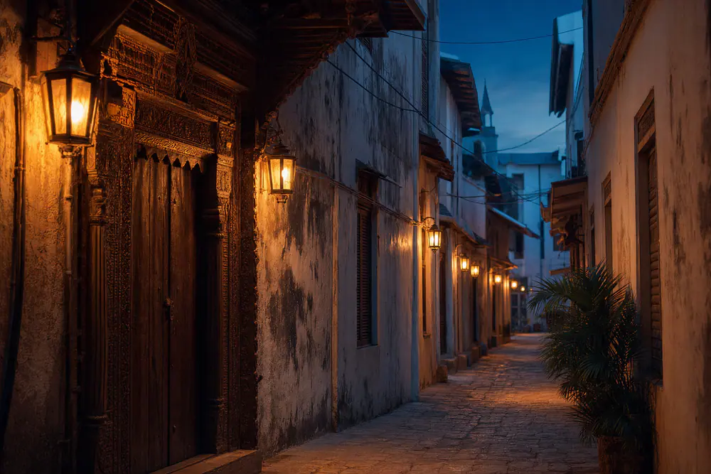 Historic Stone Town alley at dusk — UNESCO heritage lifestyle in Zanzibar